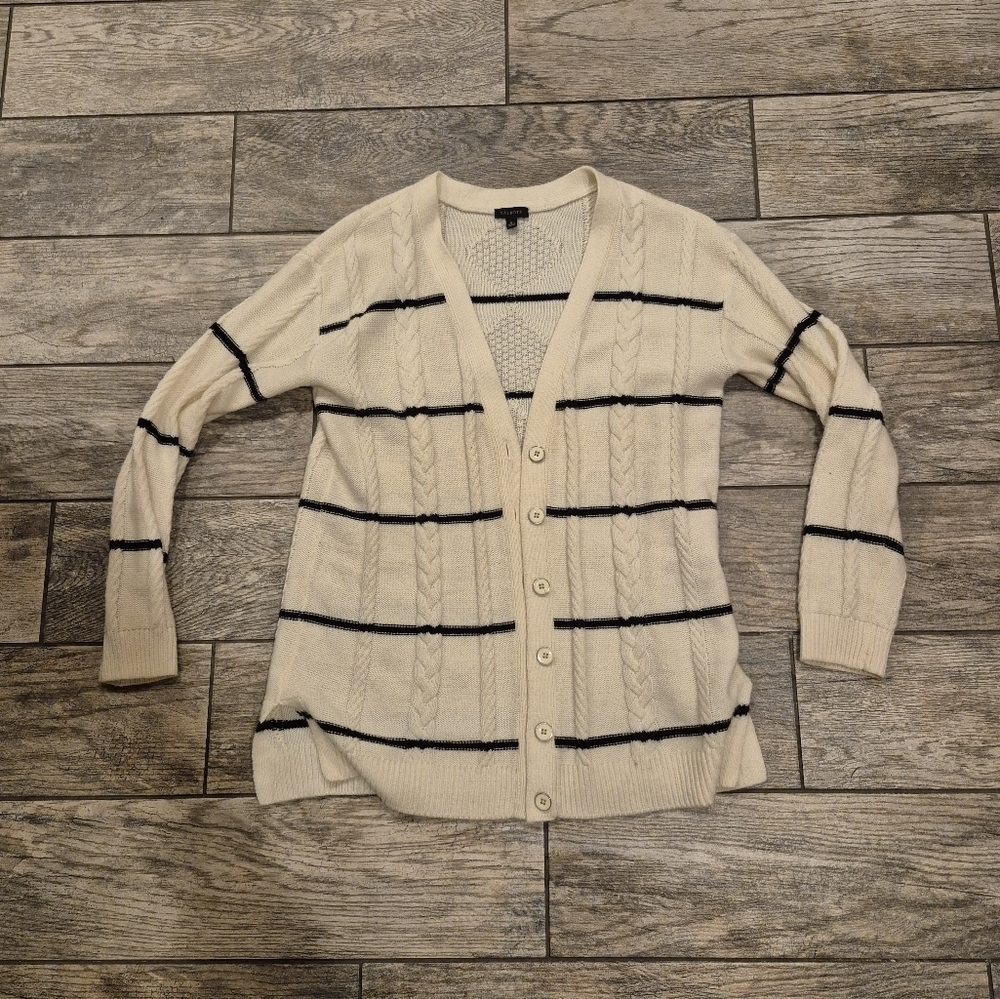Talbots Cable Knit Cardigan Sweater Small Ivory Striped V-Neck Button Down